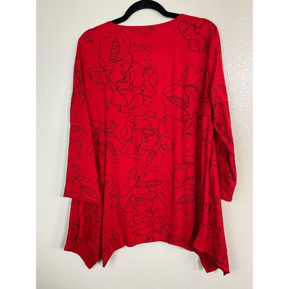 Ali Miles Red Floral Asymmetrical Tunic Top size Small Lagenlook Boho - Picture 15 of 16